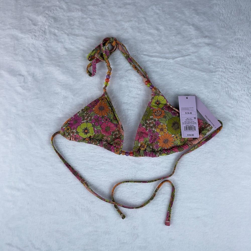 Wild Fable Triangle Bikini Top Womens Small Pink Lurex Floral Print Beaded Strap